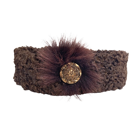 Vintage Accessories - Vintage 50s Curly Lamb Fur Headband Gold Coin Fluffy Genuine Fur Detail Brown M